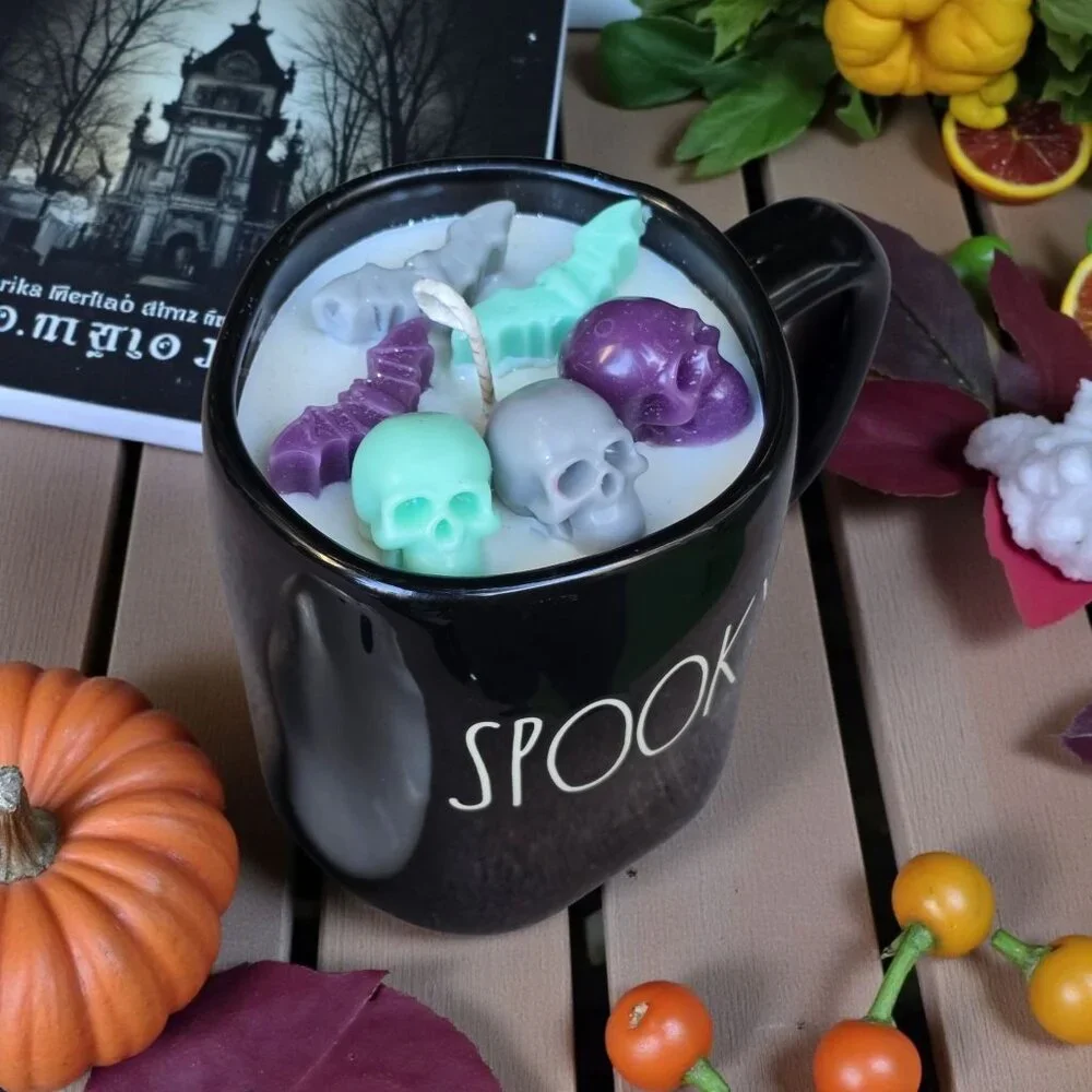 Rae Dunn ✦ Spooky Mug Candle ✦ XL Vanilla Soy Wax Skull & Bat Melts Ghost Lid